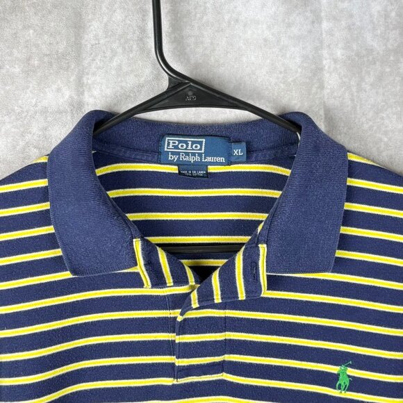 VTG 90s Polo Ralph Lauren Navy/Yellow Striped Rugby Polo Size XL - Picture 2 of 9